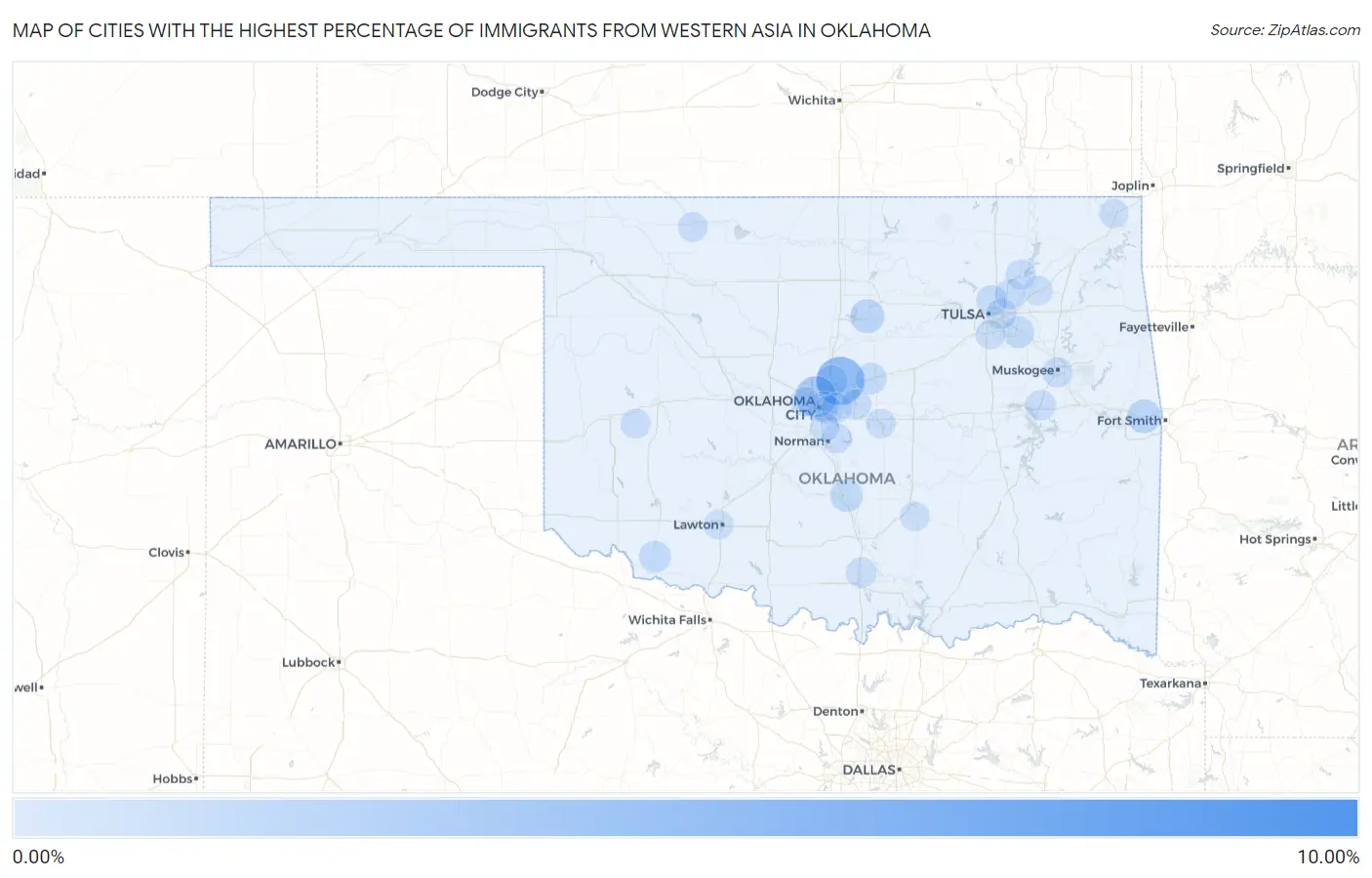 Cities with the Highest Percentage of Immigrants from Western Asia in Oklahoma Map