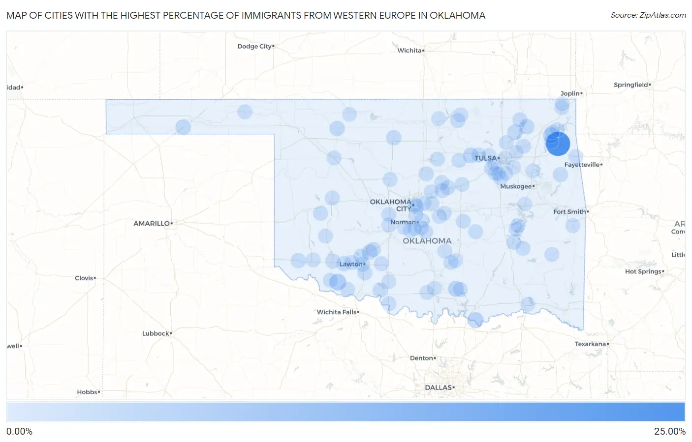 Cities with the Highest Percentage of Immigrants from Western Europe in Oklahoma Map