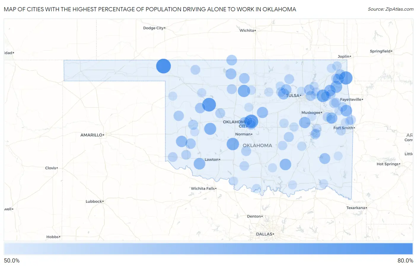Cities with the Highest Percentage of Population Driving Alone to Work in Oklahoma Map