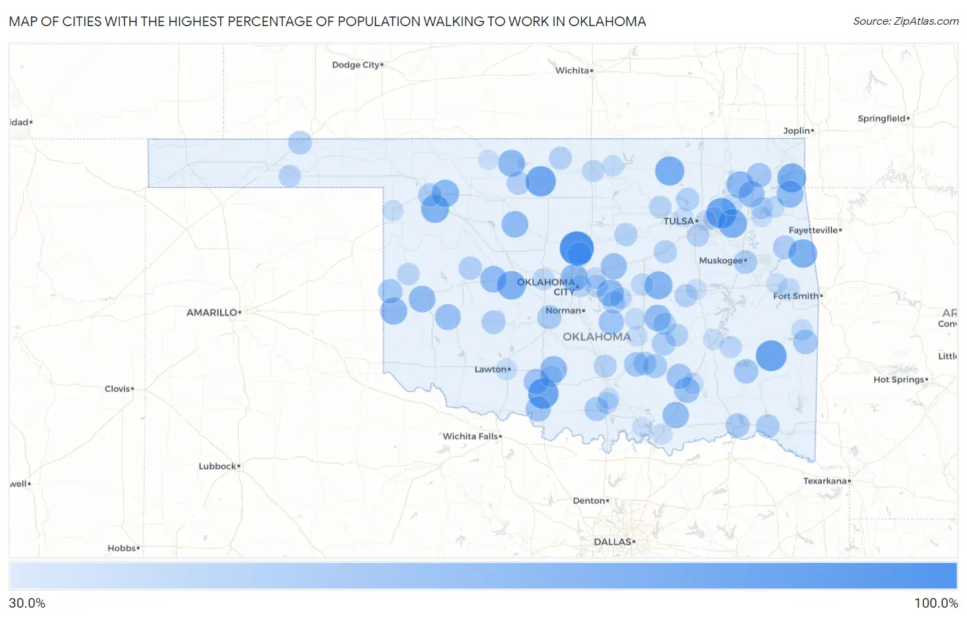 Cities with the Highest Percentage of Population Walking to Work in Oklahoma Map