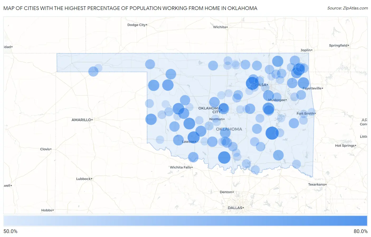Cities with the Highest Percentage of Population Working from Home in Oklahoma Map