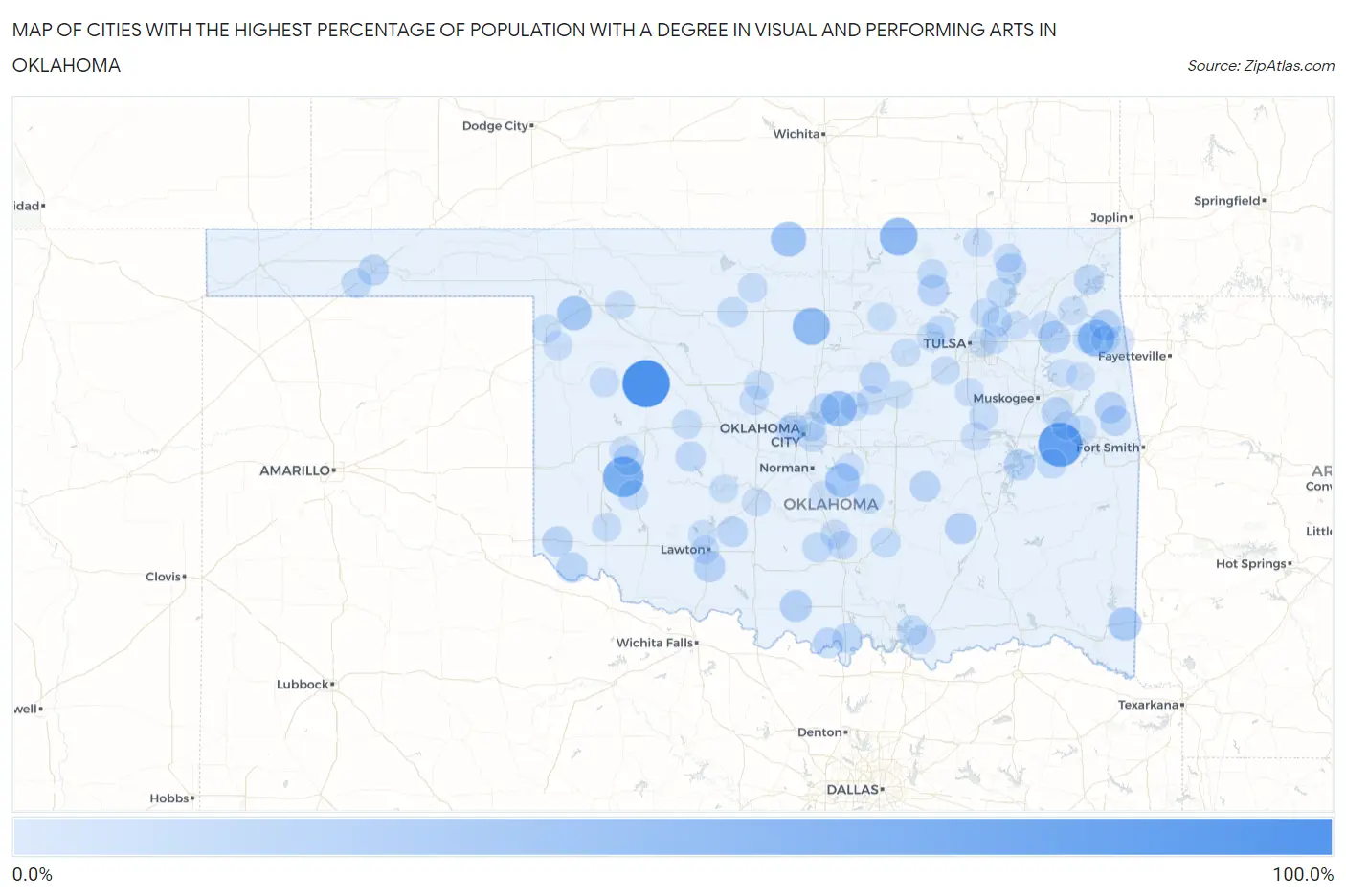 Cities with the Highest Percentage of Population with a Degree in Visual and Performing Arts in Oklahoma Map
