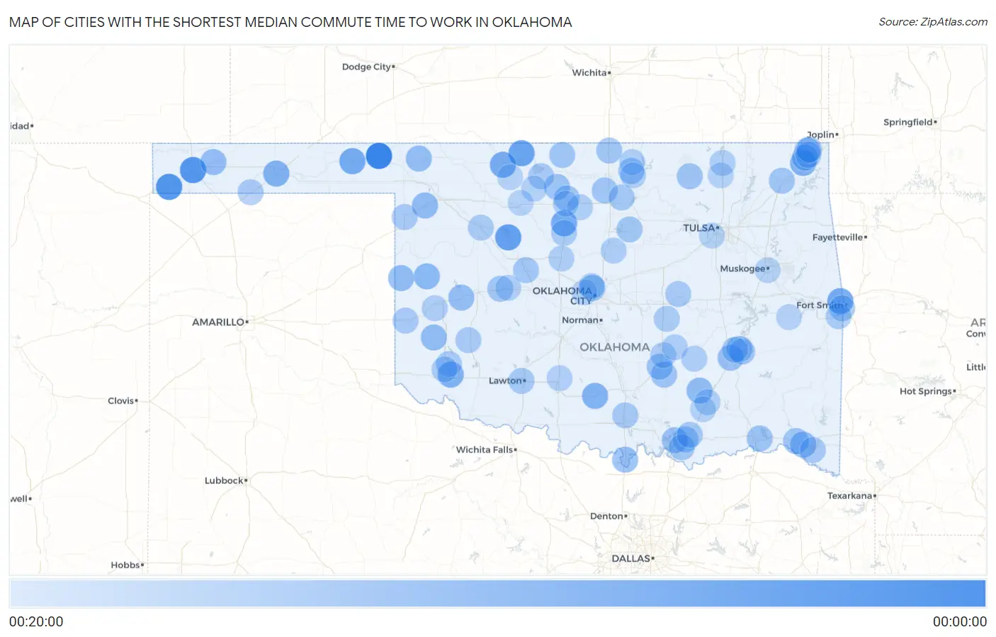 Cities with the Shortest Median Commute Time to Work in Oklahoma Map