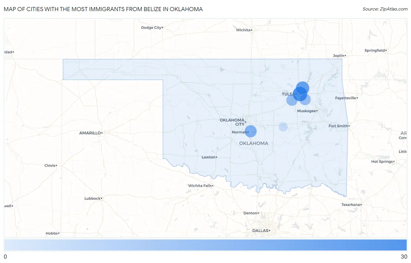 Cities with the Most Immigrants from Belize in Oklahoma Map