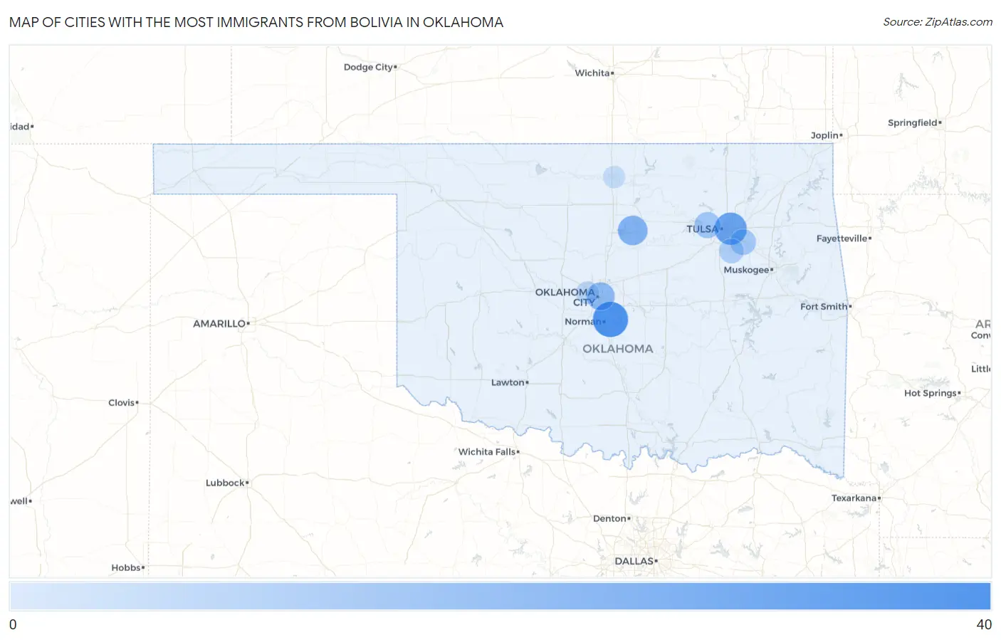 Cities with the Most Immigrants from Bolivia in Oklahoma Map