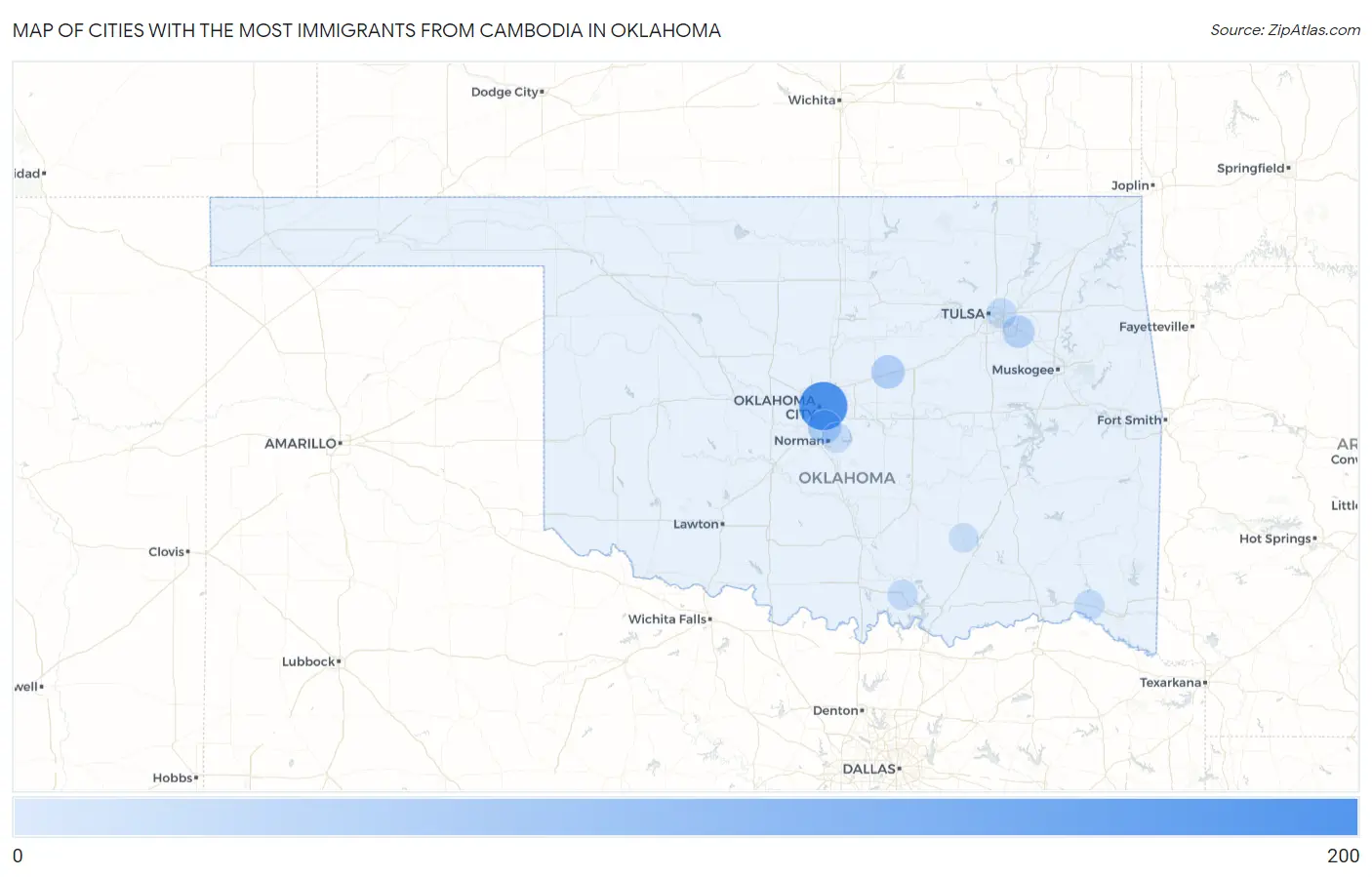 Cities with the Most Immigrants from Cambodia in Oklahoma Map