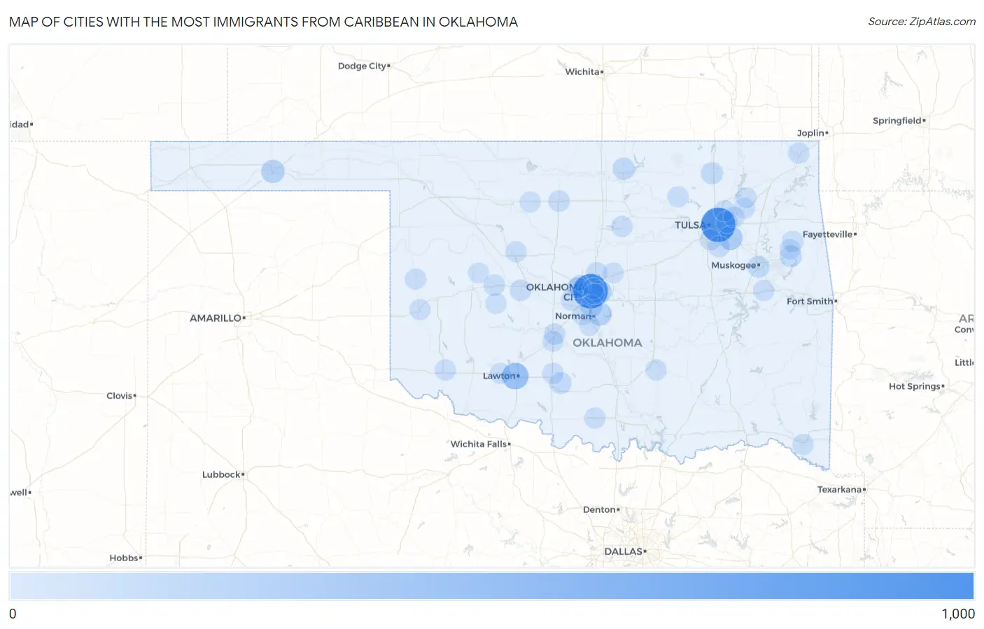 Cities with the Most Immigrants from Caribbean in Oklahoma Map