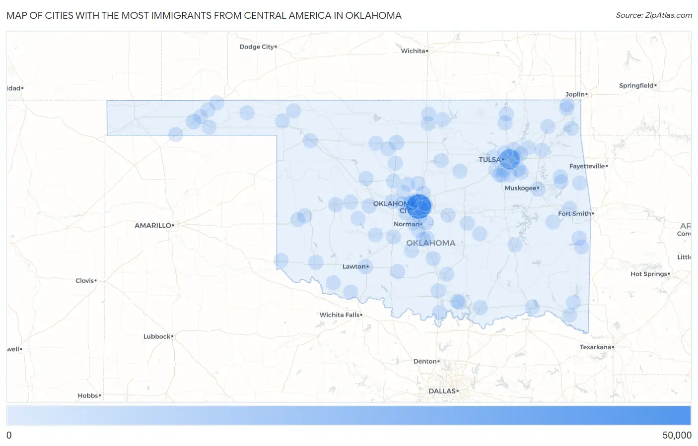 Cities with the Most Immigrants from Central America in Oklahoma Map