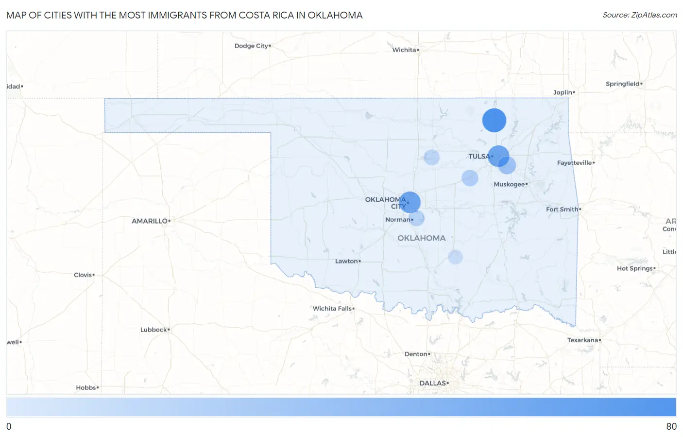 Cities with the Most Immigrants from Costa Rica in Oklahoma Map