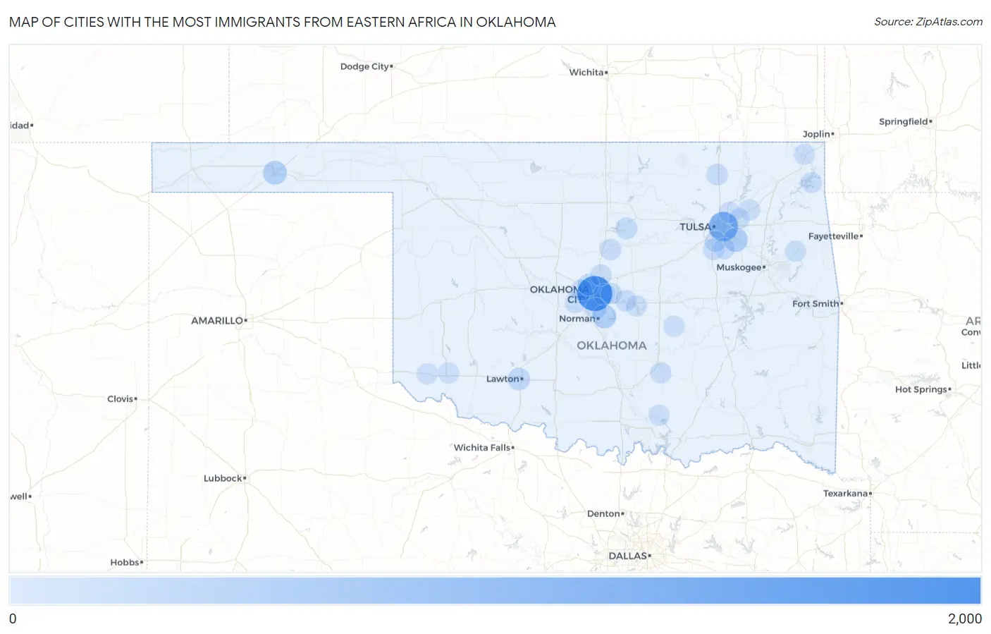 Cities with the Most Immigrants from Eastern Africa in Oklahoma Map