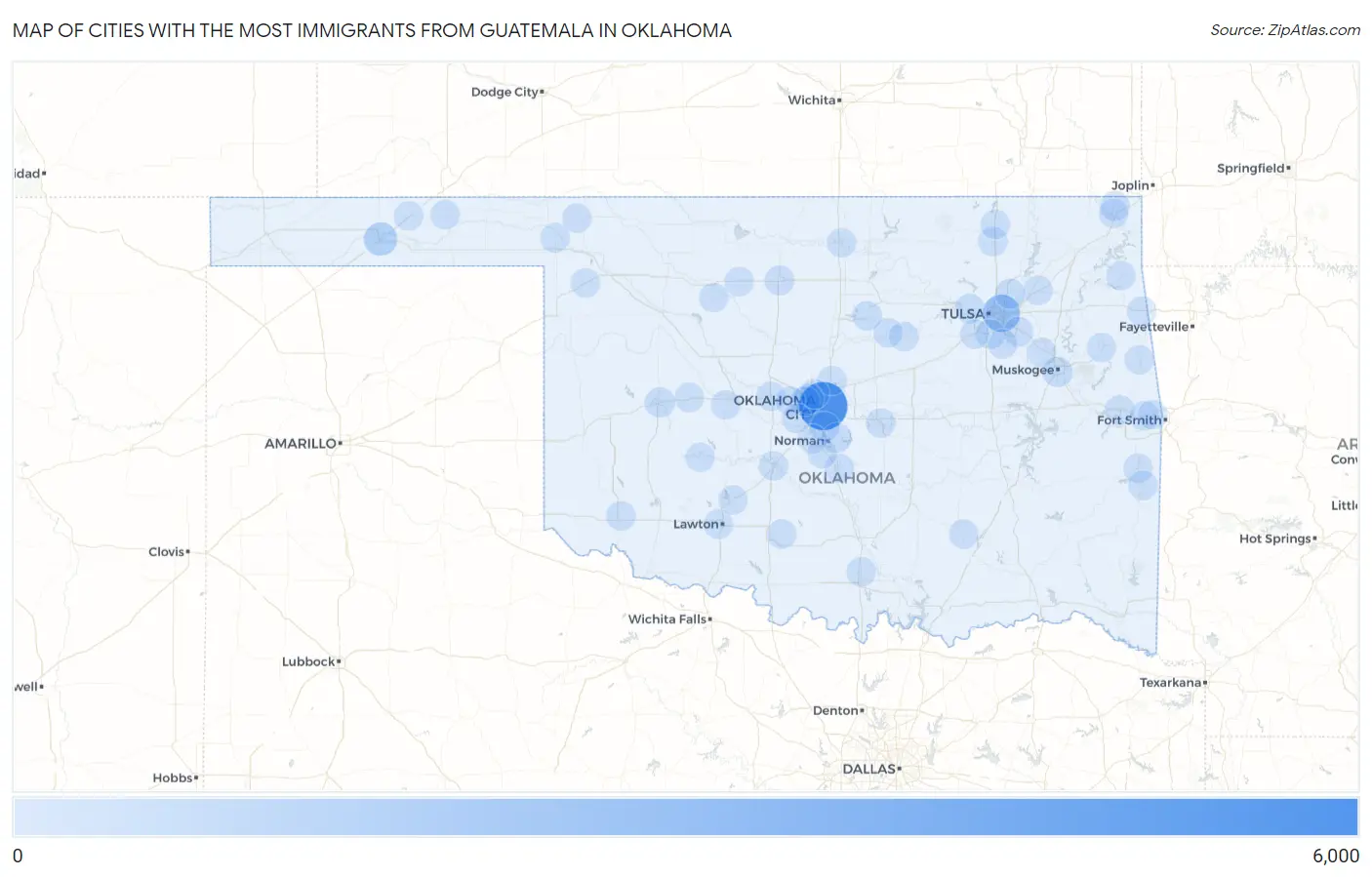 Cities with the Most Immigrants from Guatemala in Oklahoma Map