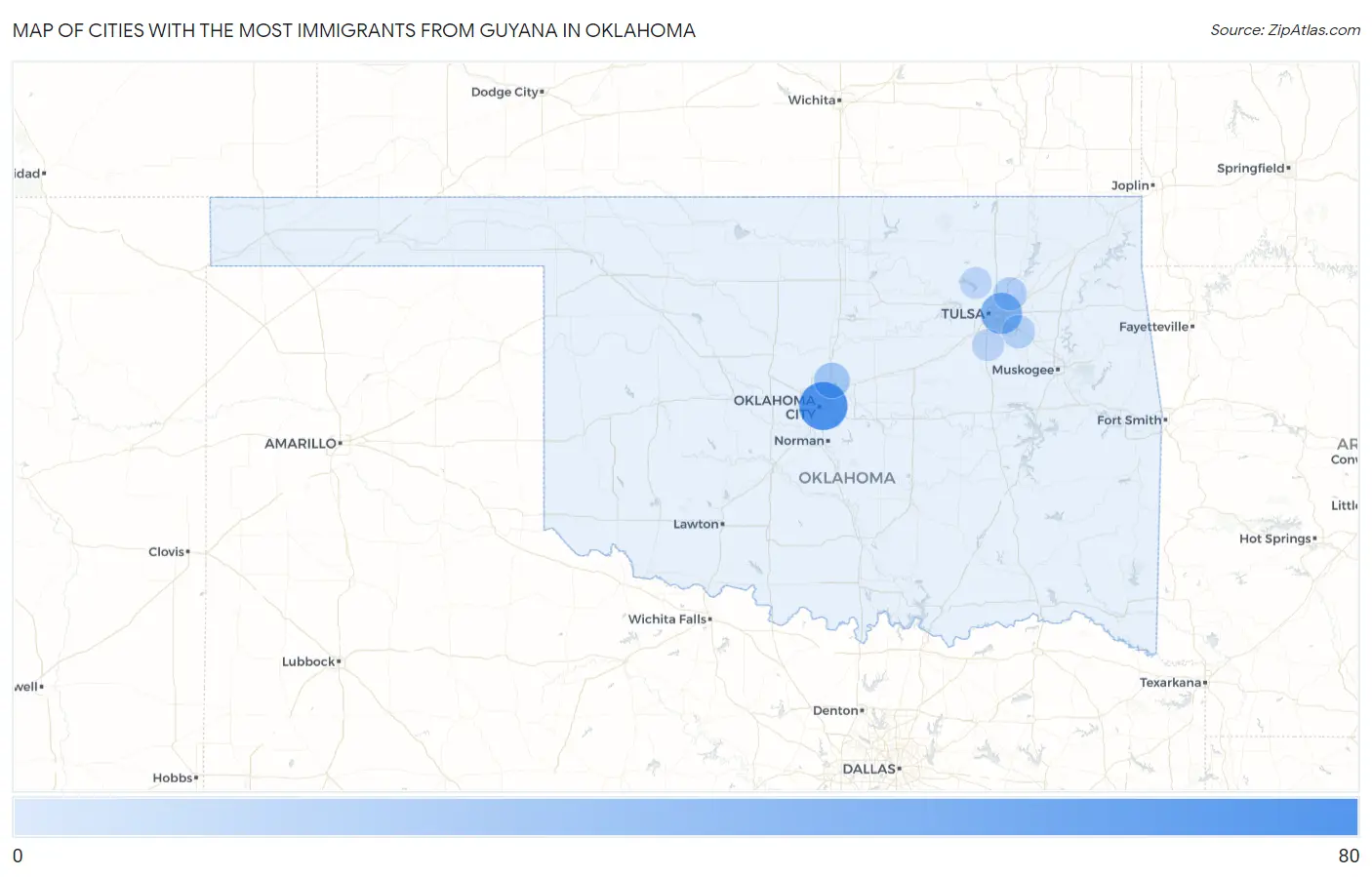 Cities with the Most Immigrants from Guyana in Oklahoma Map