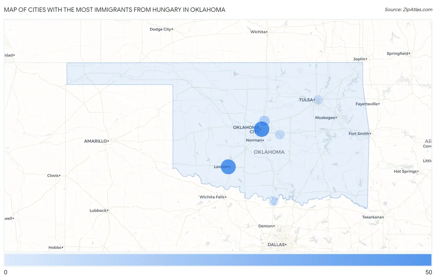 Cities with the Most Immigrants from Hungary in Oklahoma Map