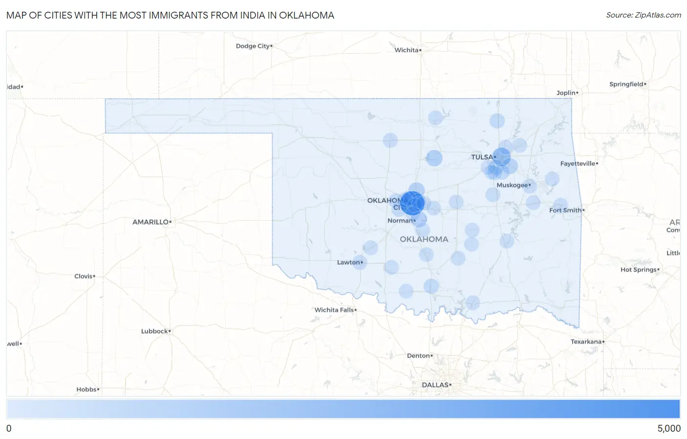 Cities with the Most Immigrants from India in Oklahoma Map