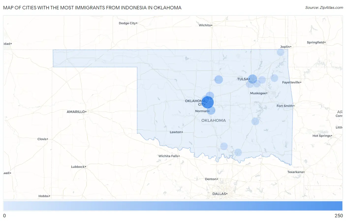Cities with the Most Immigrants from Indonesia in Oklahoma Map