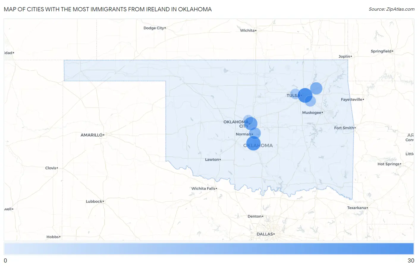 Cities with the Most Immigrants from Ireland in Oklahoma Map