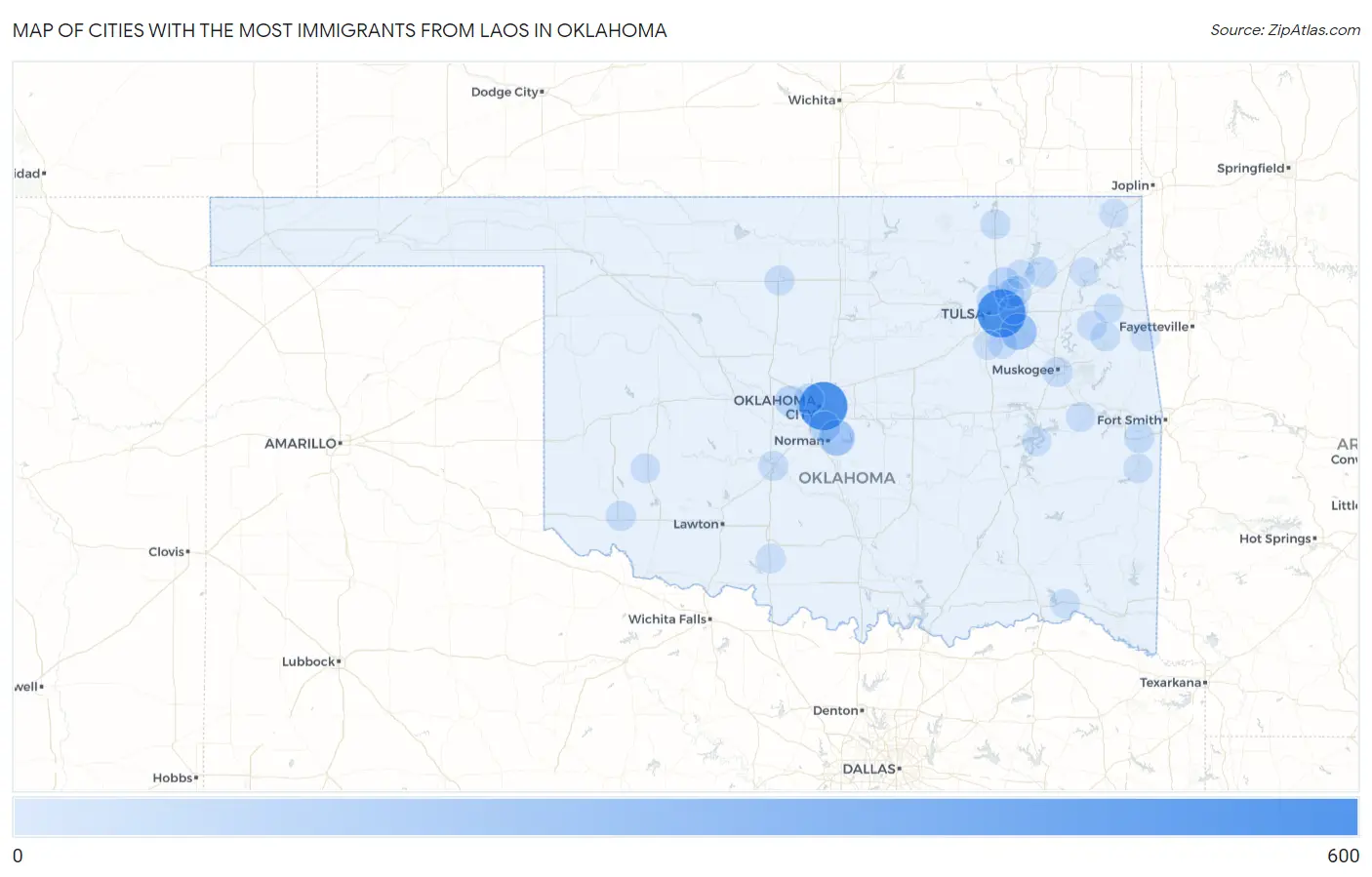 Cities with the Most Immigrants from Laos in Oklahoma Map