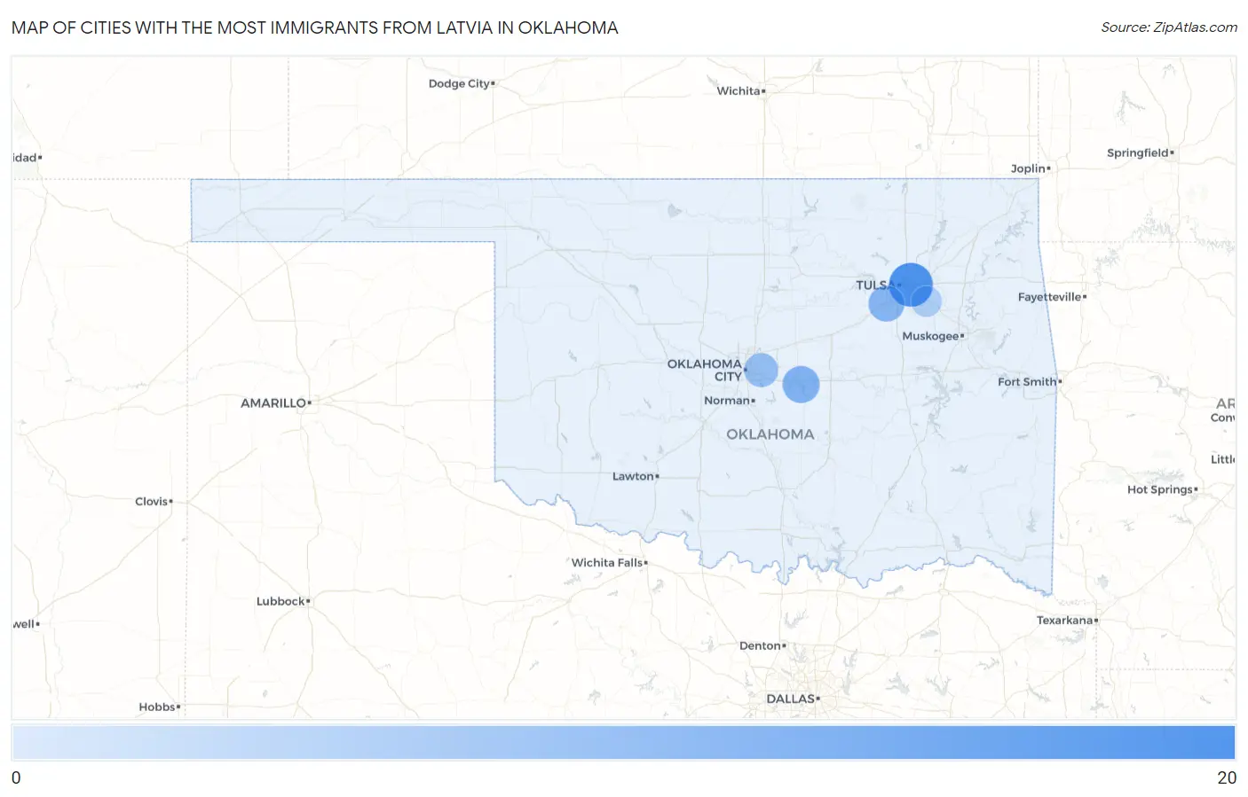 Cities with the Most Immigrants from Latvia in Oklahoma Map