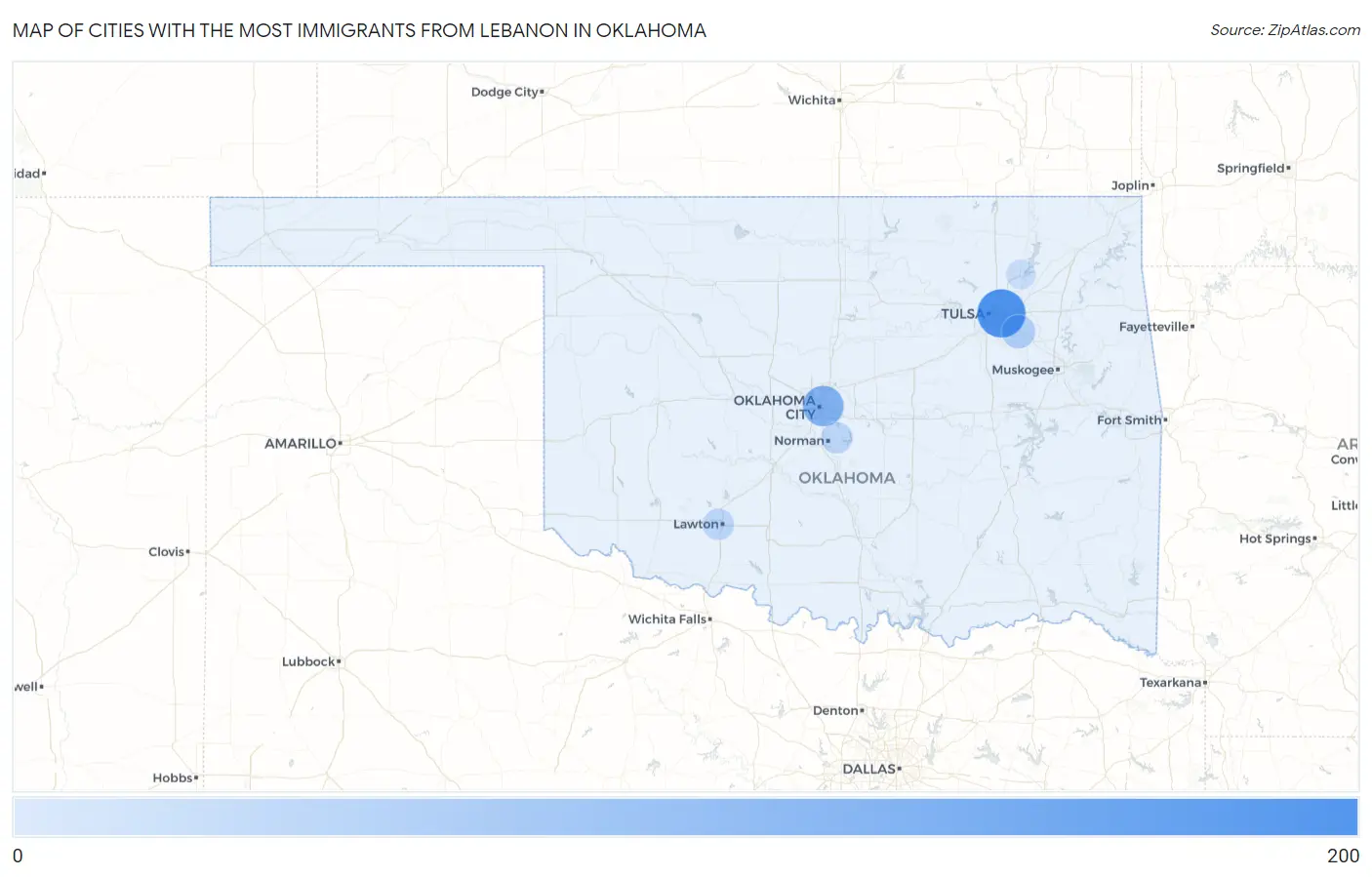 Cities with the Most Immigrants from Lebanon in Oklahoma Map