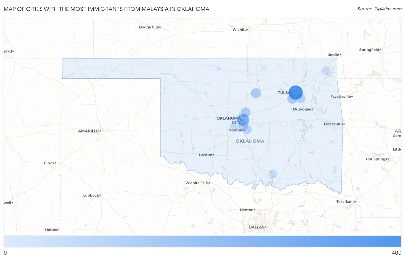 Cities with the Most Immigrants from Malaysia in Oklahoma Map