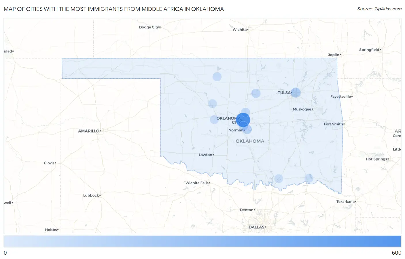 Cities with the Most Immigrants from Middle Africa in Oklahoma Map
