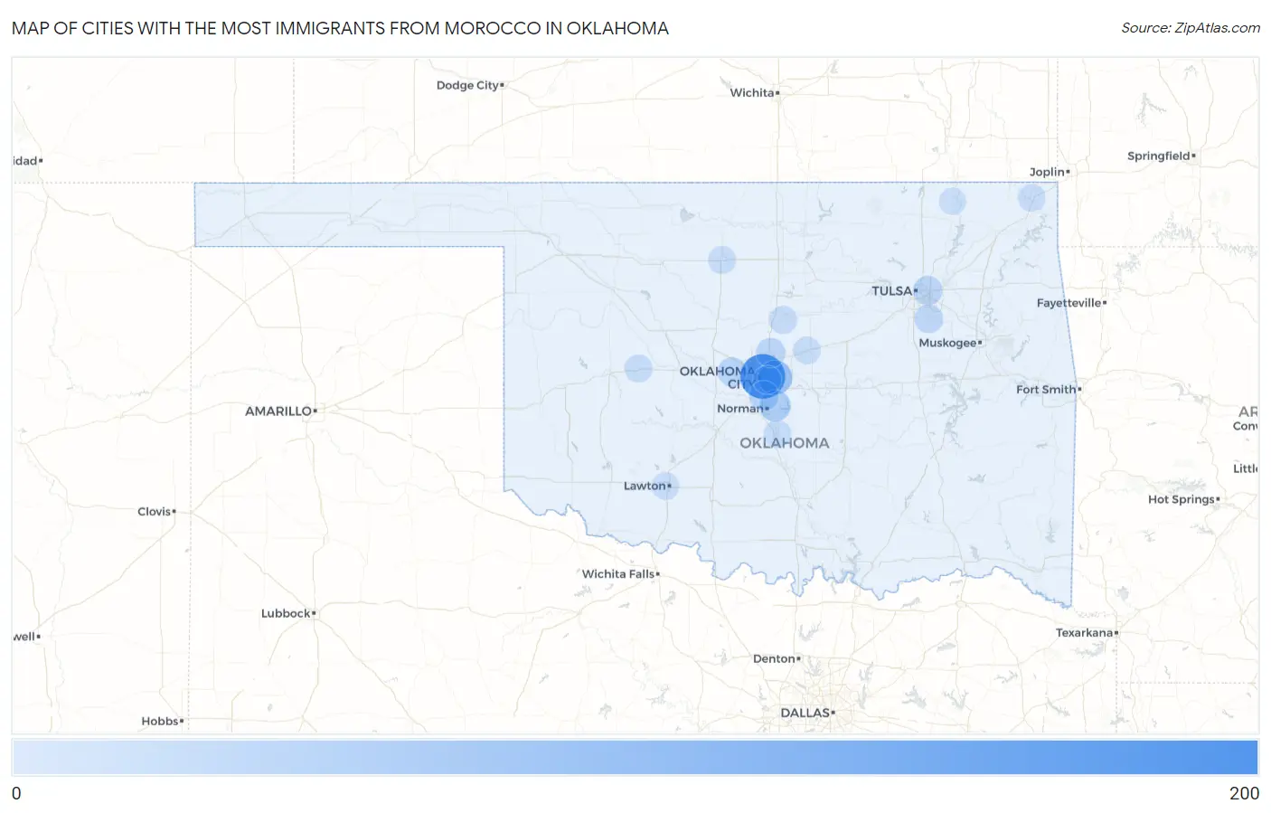 Cities with the Most Immigrants from Morocco in Oklahoma Map