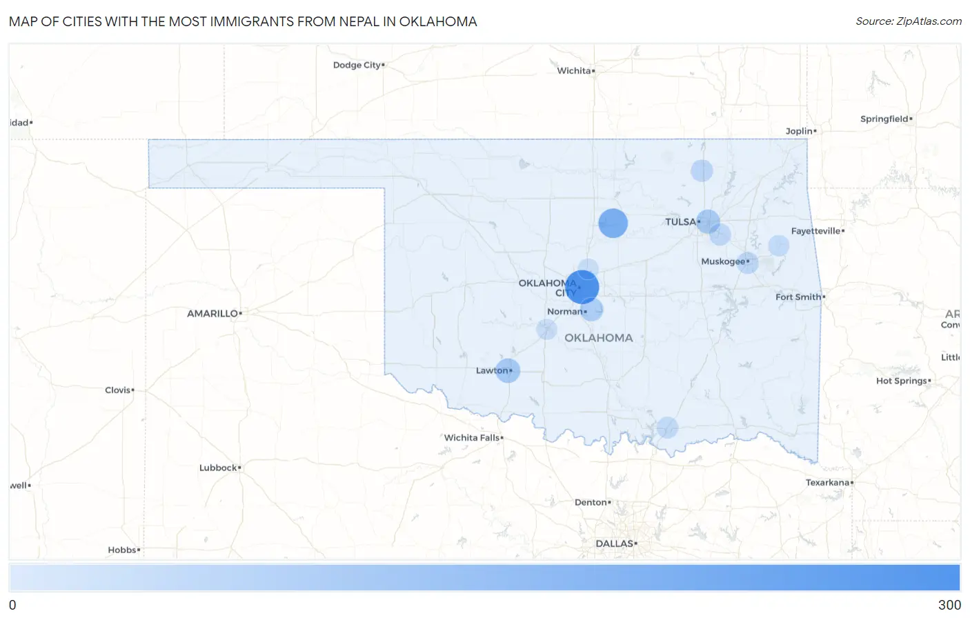 Cities with the Most Immigrants from Nepal in Oklahoma Map