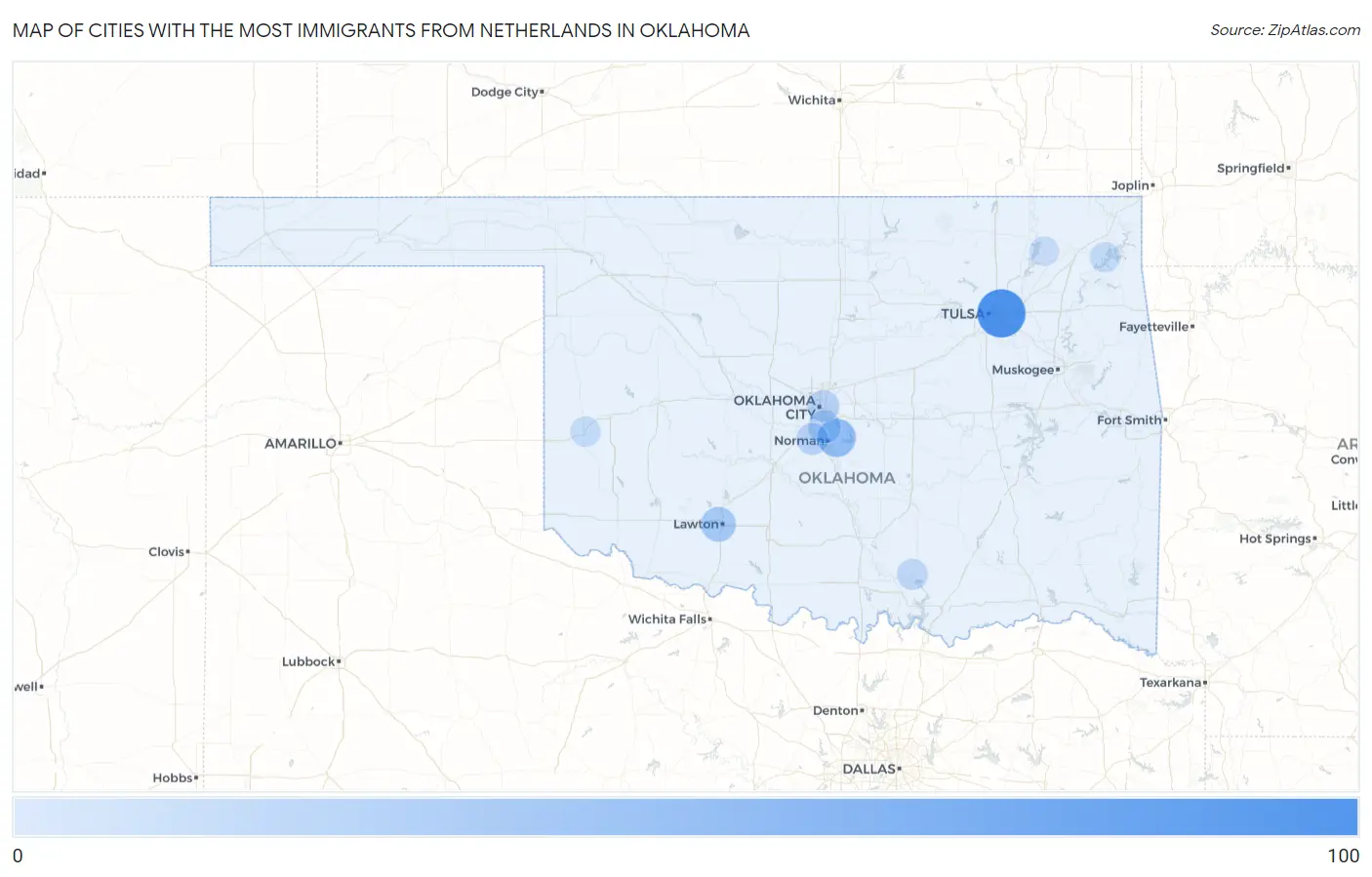 Cities with the Most Immigrants from Netherlands in Oklahoma Map