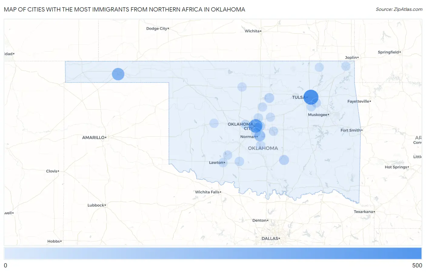Cities with the Most Immigrants from Northern Africa in Oklahoma Map