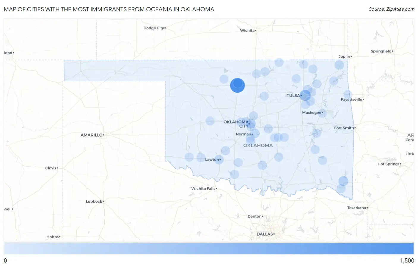 Cities with the Most Immigrants from Oceania in Oklahoma Map