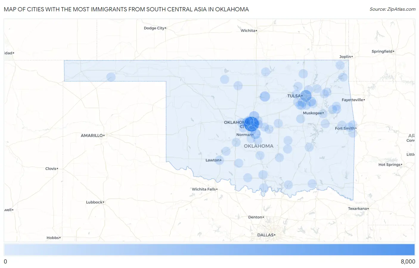 Cities with the Most Immigrants from South Central Asia in Oklahoma Map