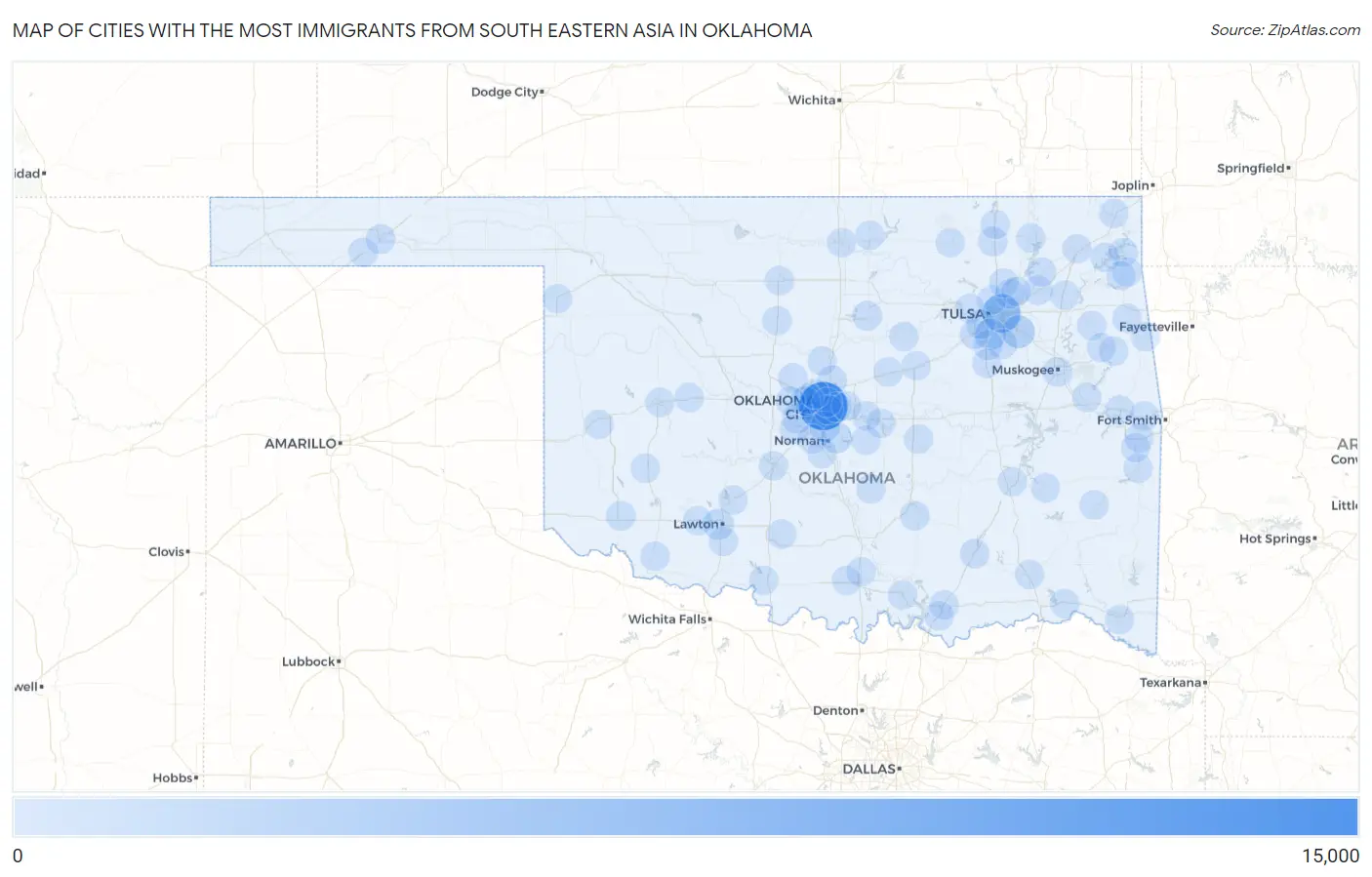 Cities with the Most Immigrants from South Eastern Asia in Oklahoma Map