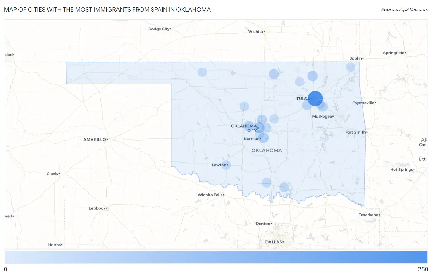 Cities with the Most Immigrants from Spain in Oklahoma Map
