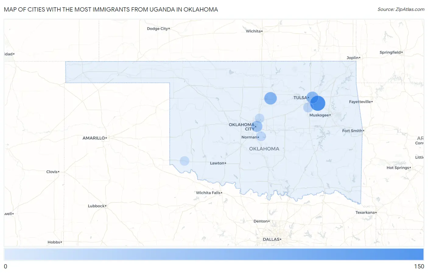 Cities with the Most Immigrants from Uganda in Oklahoma Map