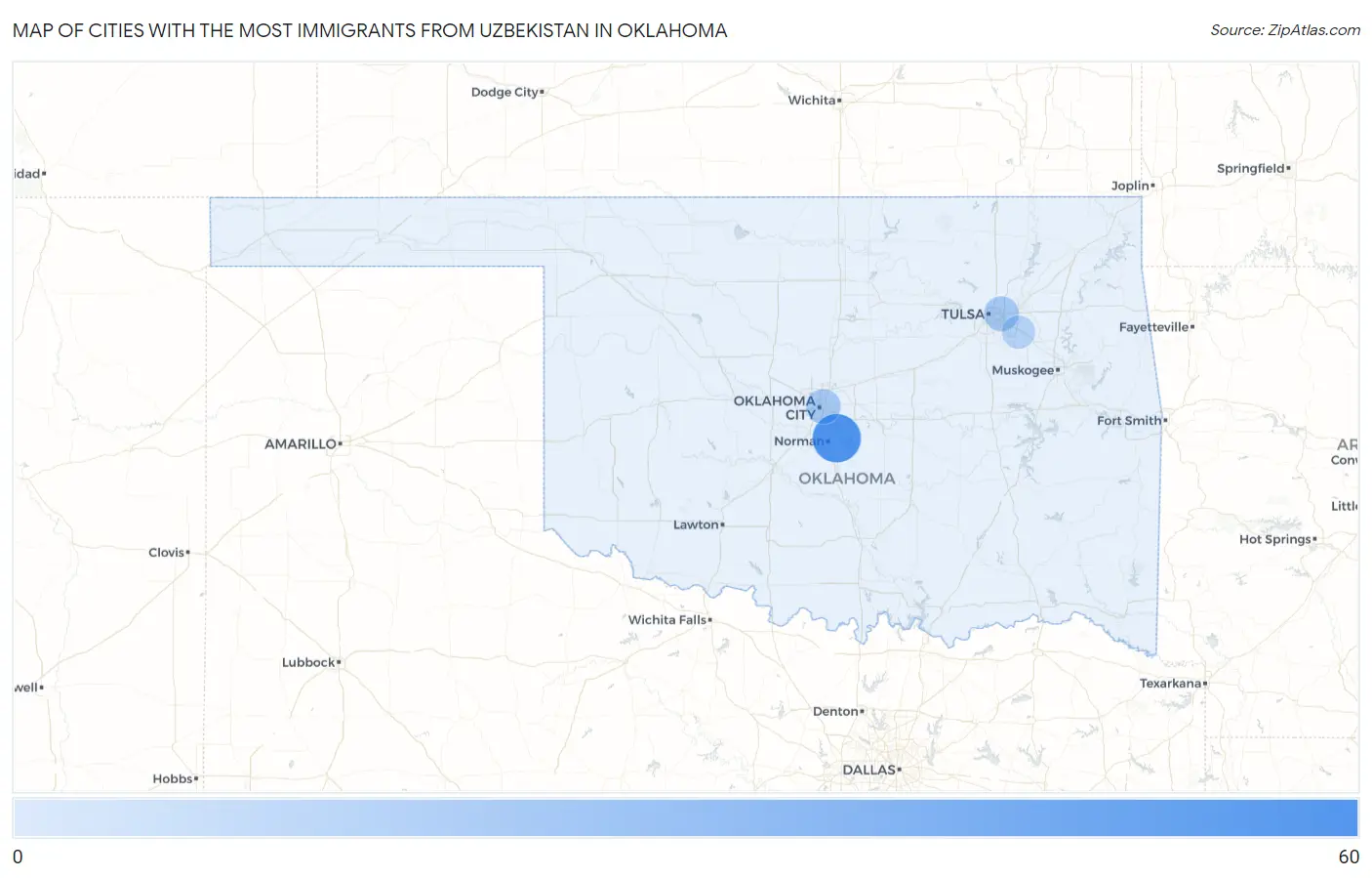 Cities with the Most Immigrants from Uzbekistan in Oklahoma Map