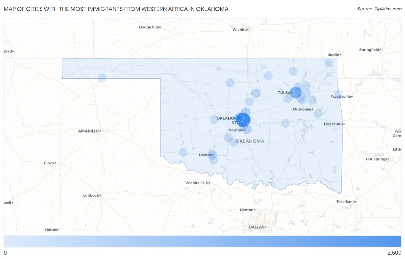 Cities with the Most Immigrants from Western Africa in Oklahoma Map