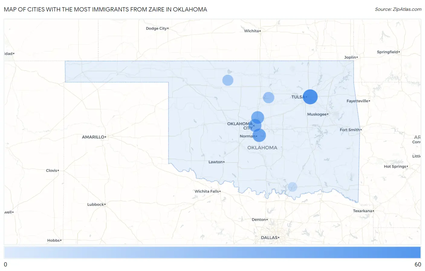 Cities with the Most Immigrants from Zaire in Oklahoma Map