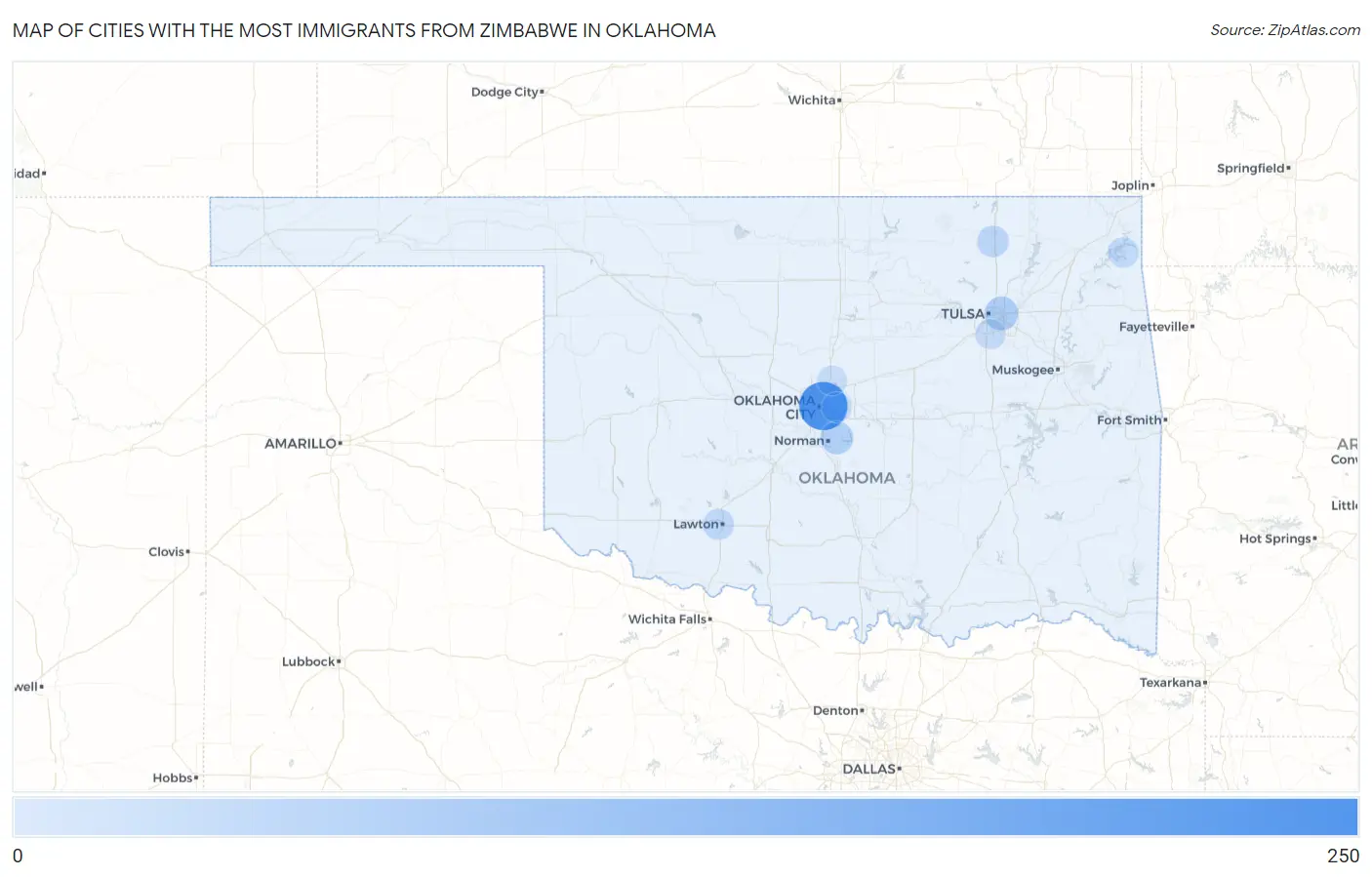Cities with the Most Immigrants from Zimbabwe in Oklahoma Map