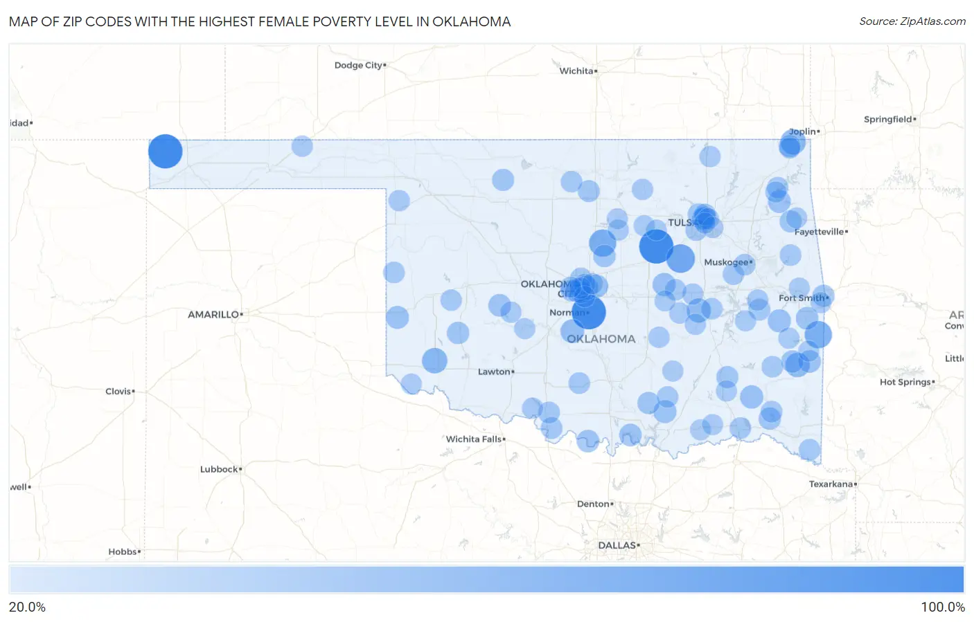 Zip Codes with the Highest Female Poverty Level in Oklahoma Map