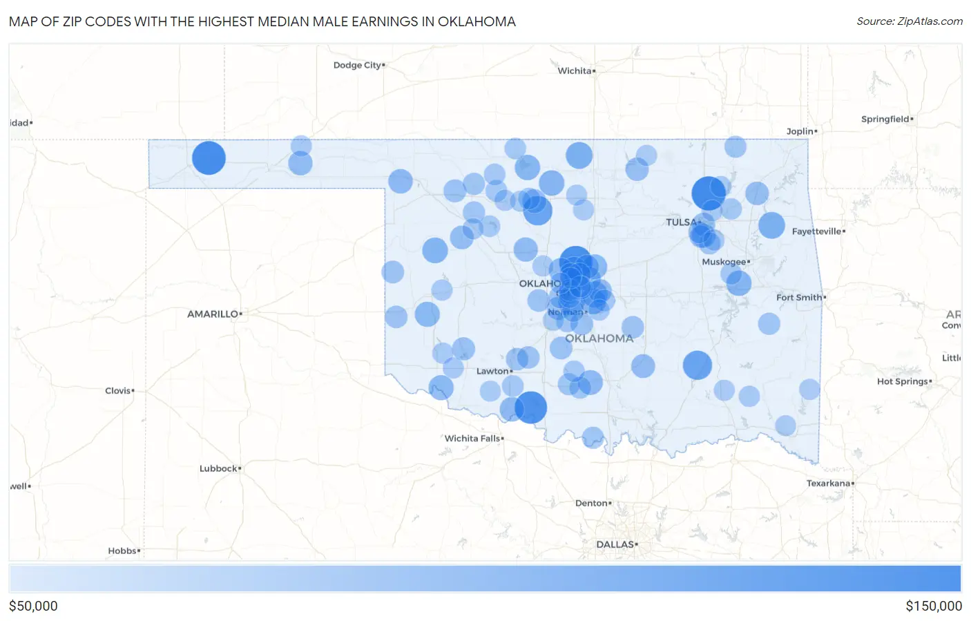 Zip Codes with the Highest Median Male Earnings in Oklahoma Map