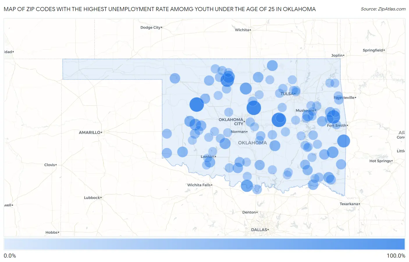 Zip Codes with the Highest Unemployment Rate Amomg Youth Under the Age of 25 in Oklahoma Map