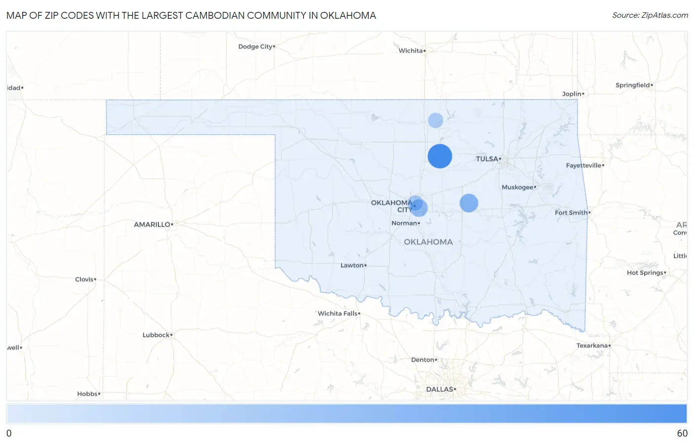 Zip Codes with the Largest Cambodian Community in Oklahoma Map