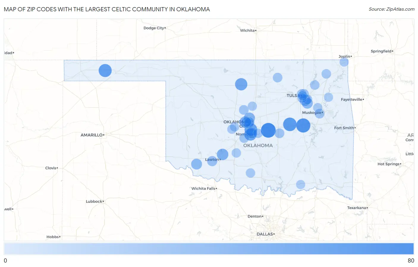 Zip Codes with the Largest Celtic Community in Oklahoma Map