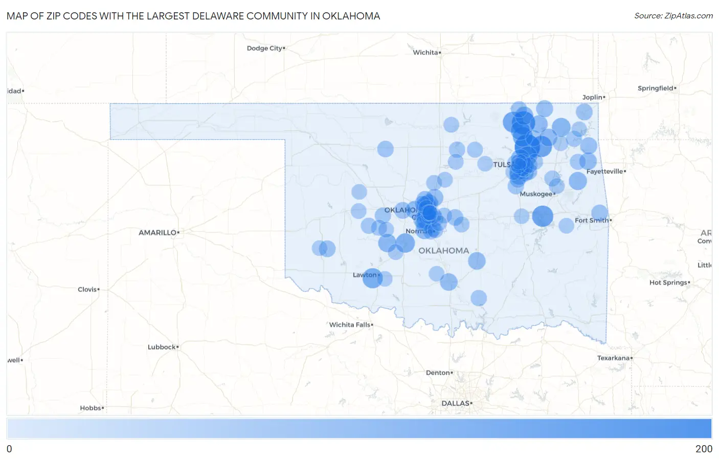Zip Codes with the Largest Delaware Community in Oklahoma Map