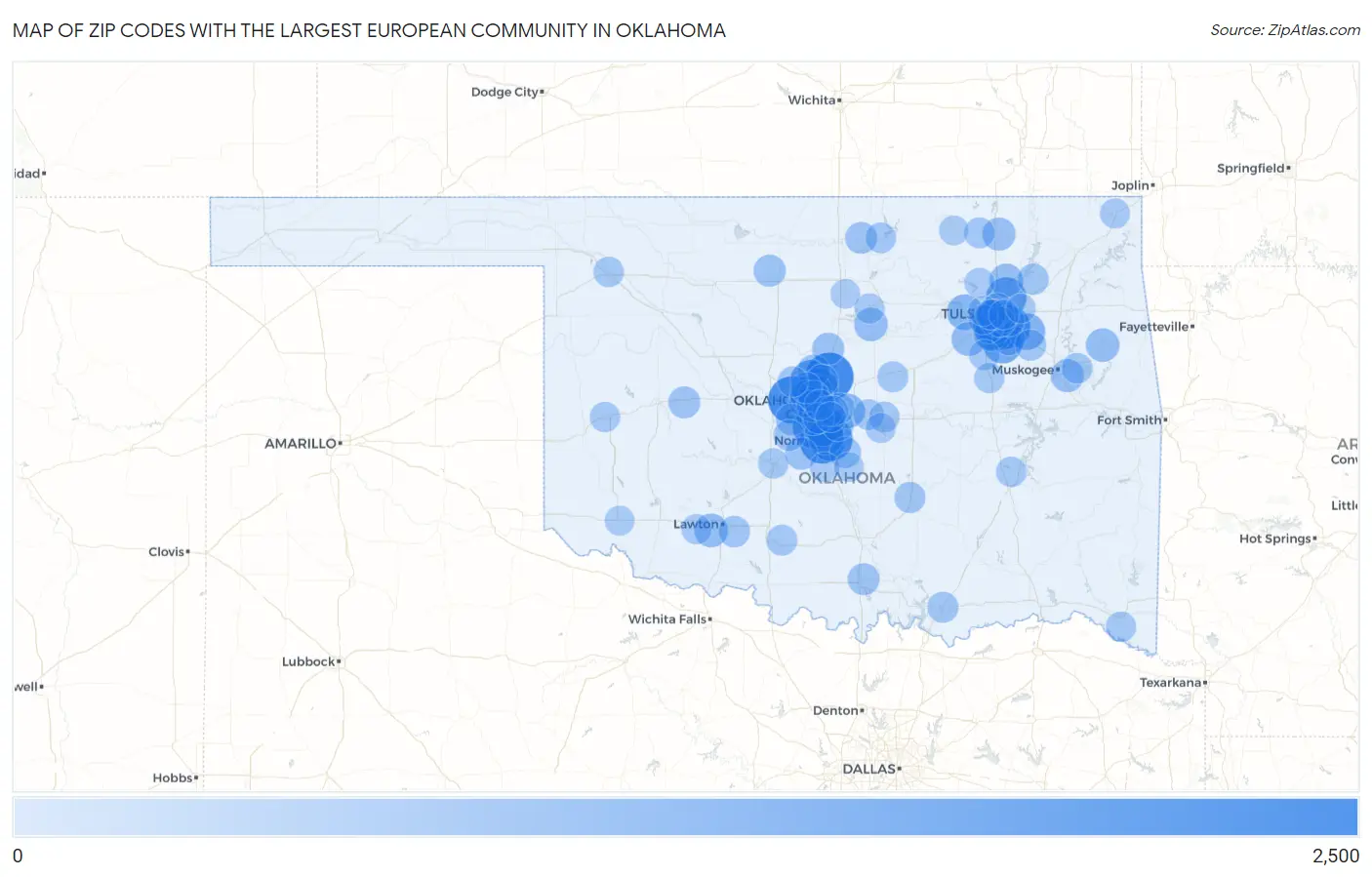 Zip Codes with the Largest European Community in Oklahoma Map