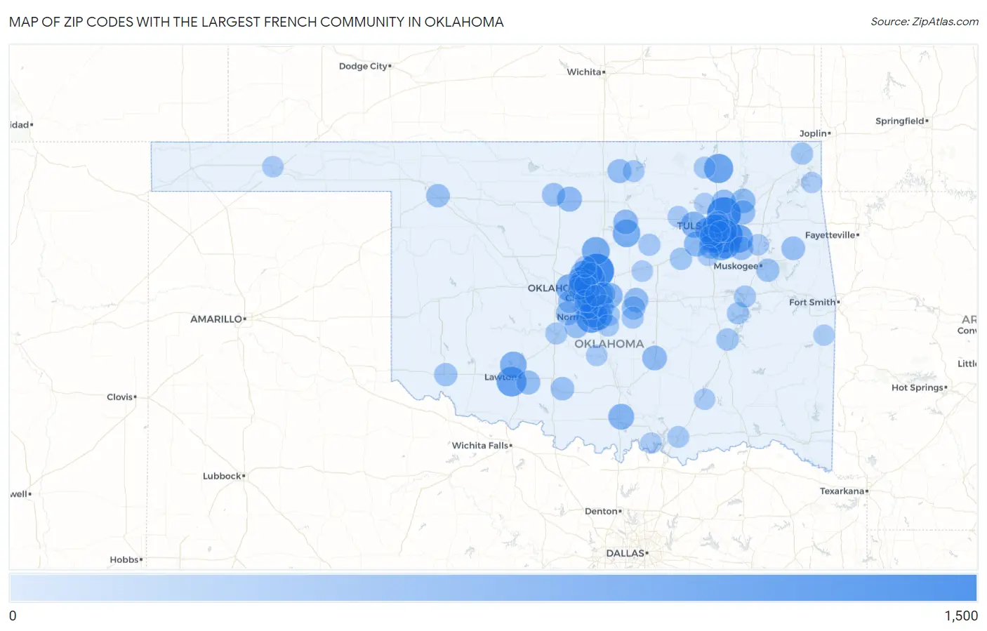 Zip Codes with the Largest French Community in Oklahoma Map