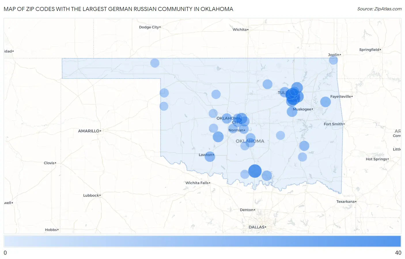 Zip Codes with the Largest German Russian Community in Oklahoma Map