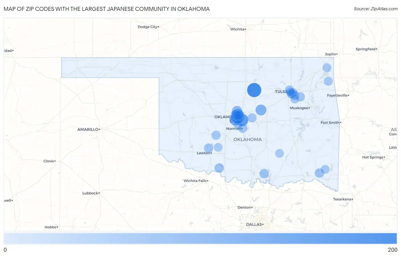 Zip Codes with the Largest Japanese Community in Oklahoma Map