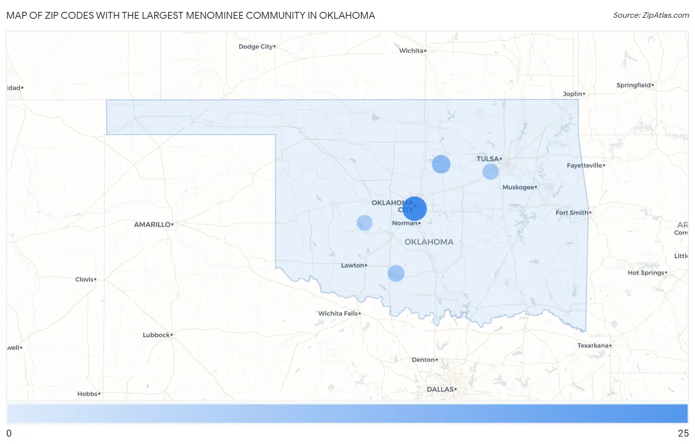 Zip Codes with the Largest Menominee Community in Oklahoma Map