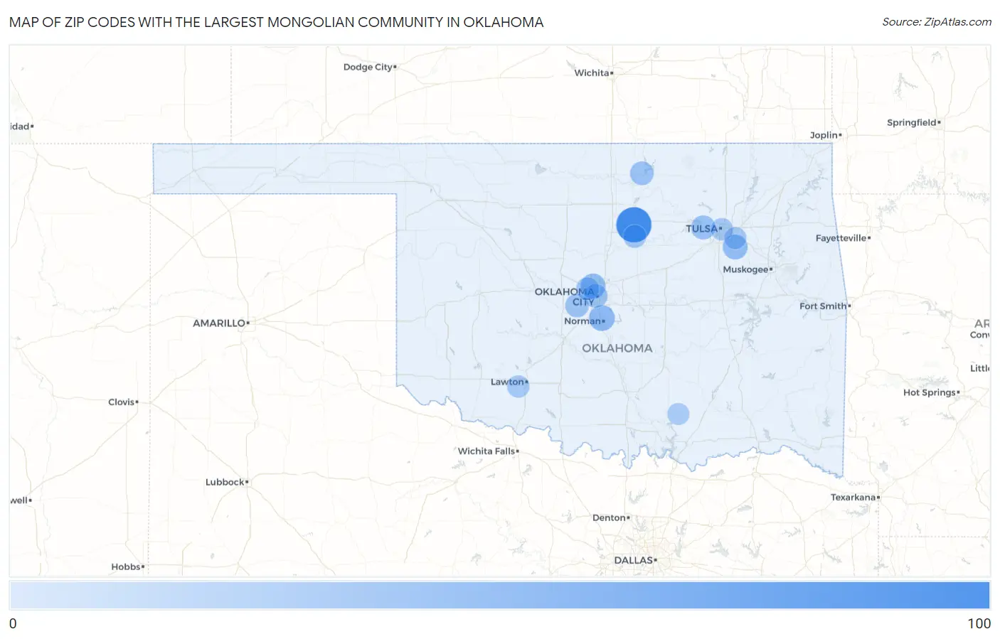Zip Codes with the Largest Mongolian Community in Oklahoma Map